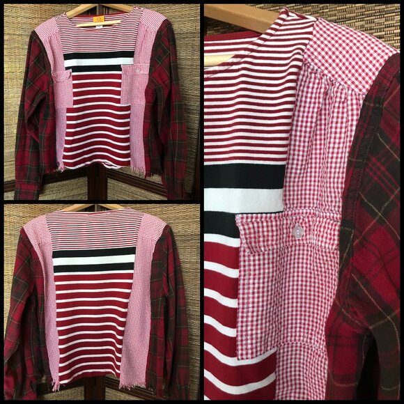 Upcycled Mixed Print Oversized Shirt, M-L: Red Gingham & Plaid Flannel Sleeves - Picture 14 of 14